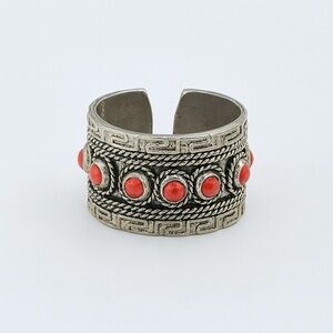 Vintage Mediterranean Pink Red Coral Adjustment Band Tribal Ring